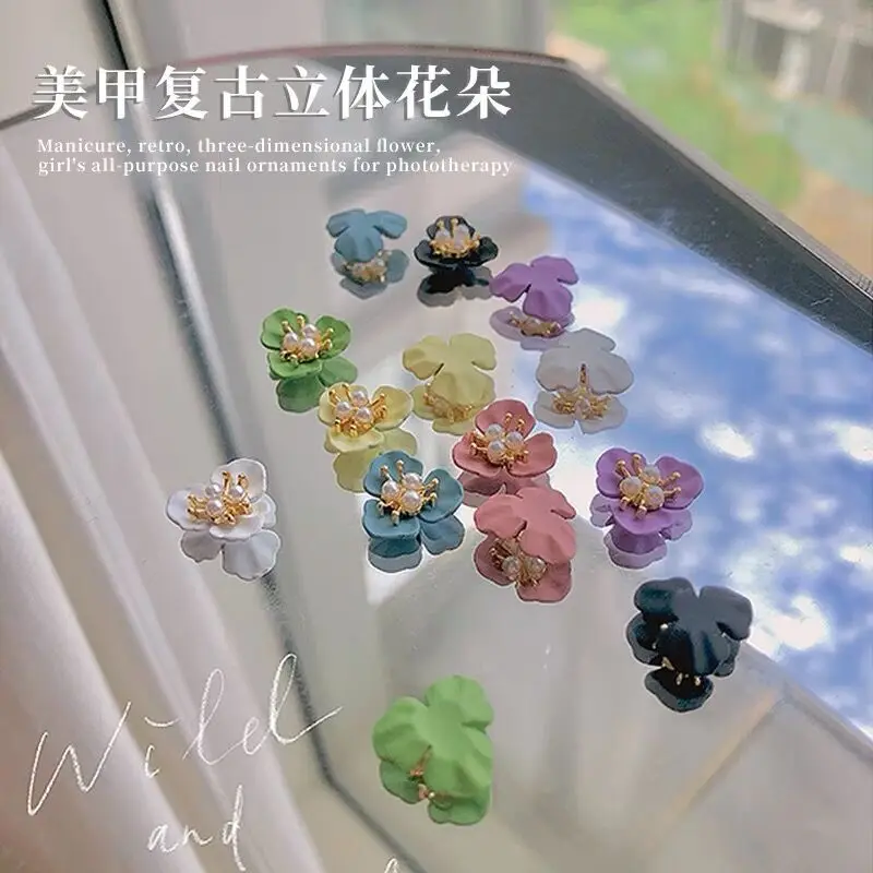

10PC 3-Petal Flower&Pearl Japanese Nail Alloy Accessories Charm Spray Paint Metal Decorations For Nails Supply