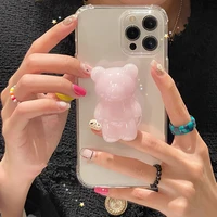 3d cute cartoon bear transparent ring holder stand phone case for xiaomi mi 11 11t 10t note 10 pro 9 lite 8 a2 9t soft cover