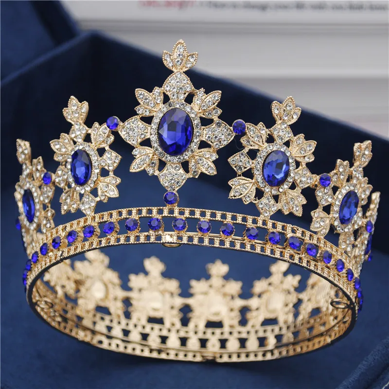Gold Blue Роскошные Королевские Свадебные короны невесты диадемы и короны королевские украшения для волос кристалл диадема выпускного вечера головной убор аксессуары для торжеств - Окраска металла: Gold Blue
