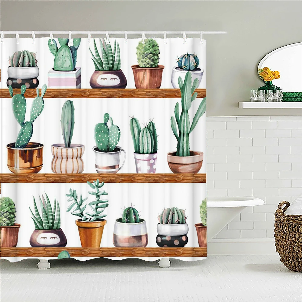

Cactus Waterproof Shower Curtain with Hooks Green Plant Palm leaf Bathroom Curtains 3D Printing Bath Curtain for Home Decorate