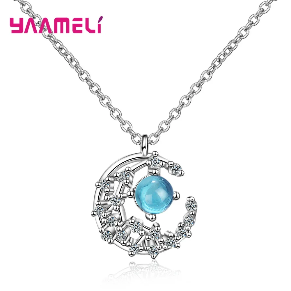 

Hot Sale Solid 925 Sterling Silver Jewelry Blue Glass Bead Cubic Zircon Handmade Moon Pendant Short Clavicle Chain Necklace