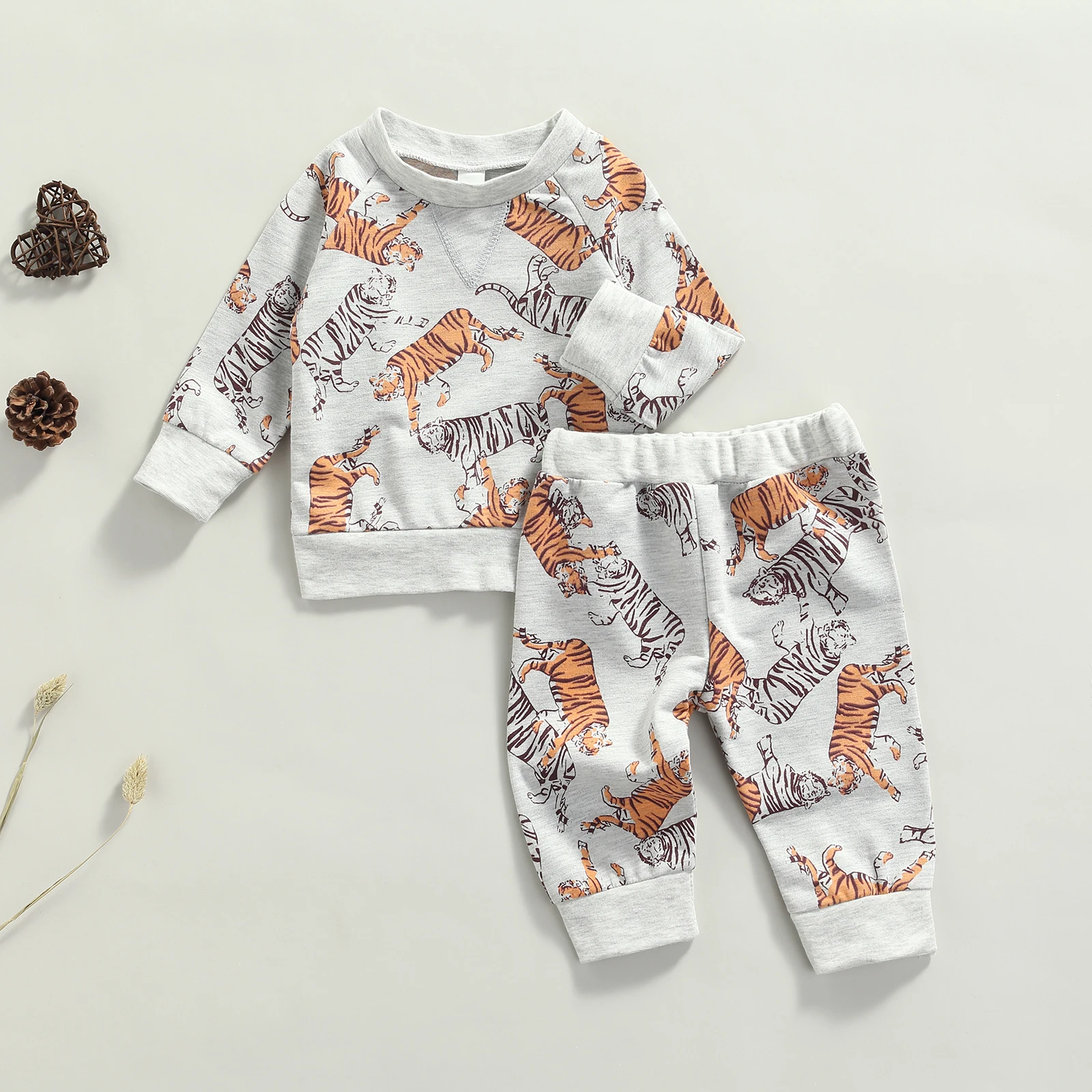 

2Pcs Baby Clothing Newborn Kids Tiger Printed Long Sleeves Pullover Top Elastic Waist Pants Toddlers Boys Spring Autumn Clothing