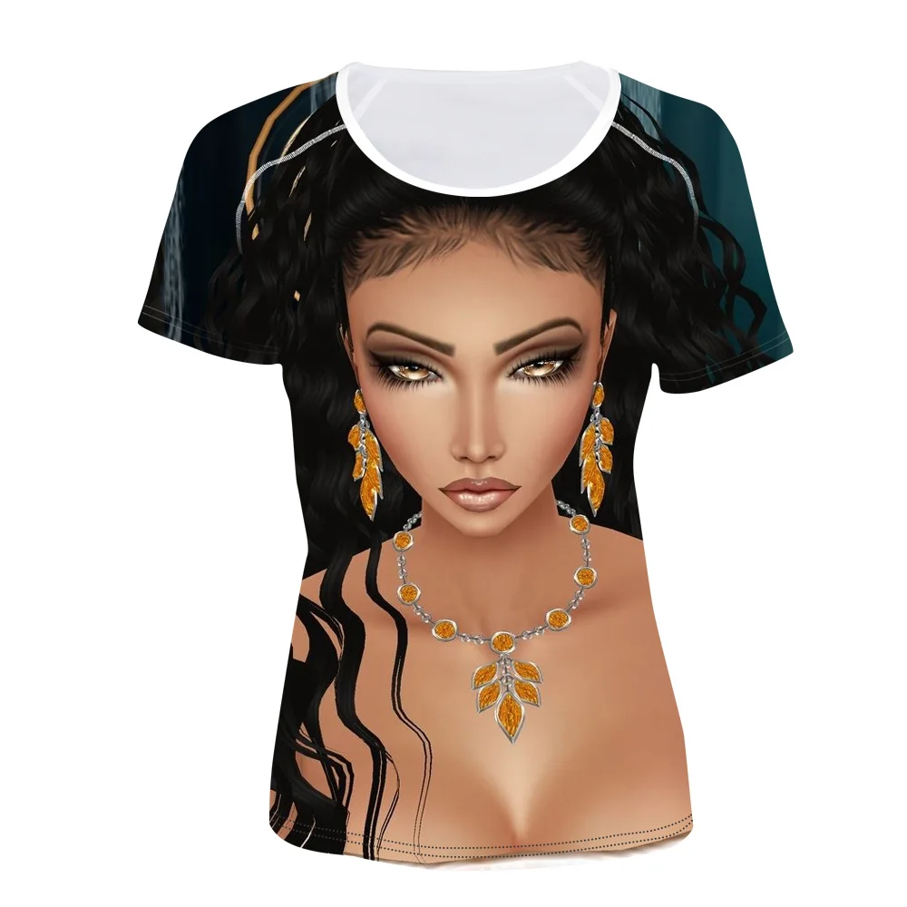 FORUDESIGNS/Африканка, черные футболки с принтом Africain, женские футболки с короткими рукавами, женские эластичные топы, женская модная футболка