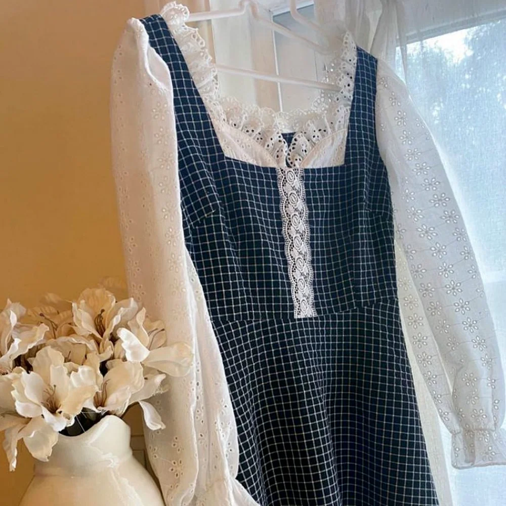 

French Vintage Women Casual Elegant Plaid Midi Sweet Dress Party Long Sleeve Lace One Piece Dress Korean 2021 Autumn Chic
