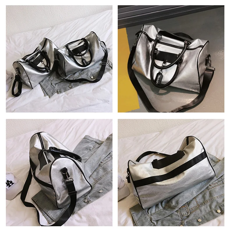 

NEW Brand woman shoulder bag silver pu large capacity bright leather handbag yoga tote travel Messenger bag gym sports bag