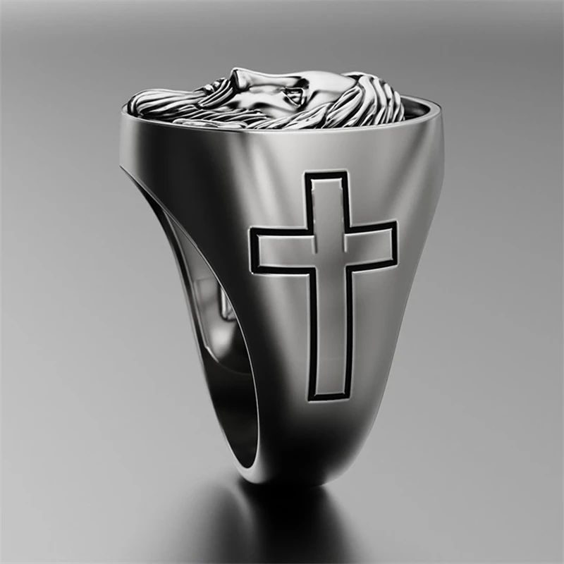 

Vintage Retro Silver Color Religion Believe Men Alloy Jesus Ring Geometric Plated Christian Cross Jesus Carved Casual Pray Ring