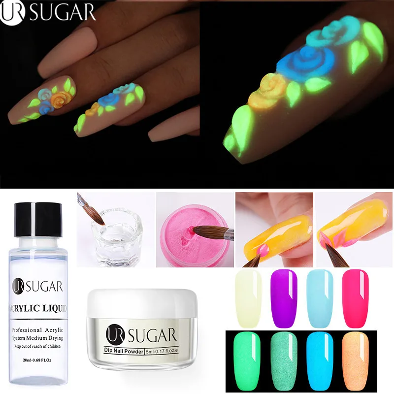 UR SUGAR, 5 мл, светящийся набор порошка для ногтей, для вырезания, удлинение французских ногтей, полимерный порошок, градиент, растут в темноте, украшение