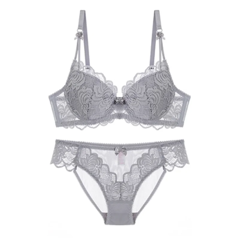 

New Ladies Lace Sexy Underwear Thin Cotton Deep V Bra Suit Grey Large Bra