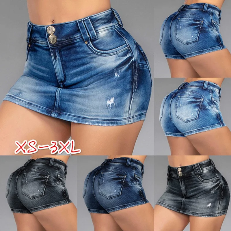 

Denim Women Skirt Shorts High Waist Button Design Jeans Short Summer Skinny Washed Short Jean Skirts Female Blue Grey
