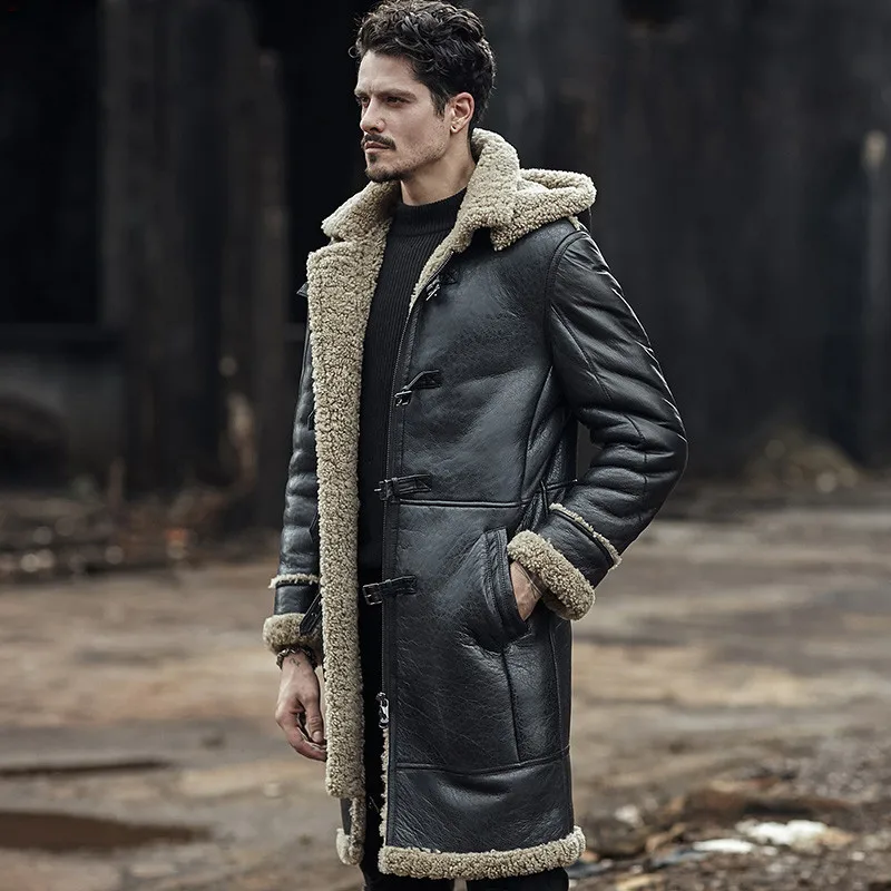 

Real Jacket Men Leather Genuine Fur Coats Long Man Original Ecological Sheepskin Coat Hood Shearling Winter Thick Parka