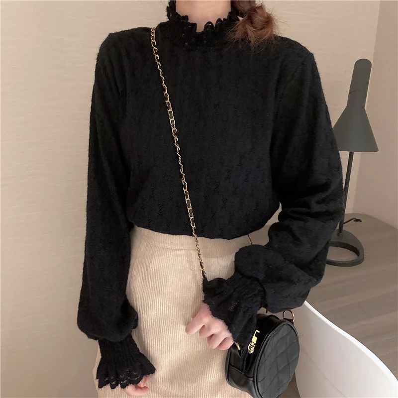 

Lace base plus velvet thickening women's autumn and winter half high neck T-shirt