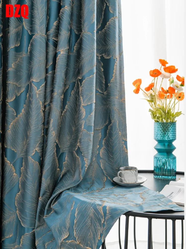 

2022 New Blue Embossed Three-dimensional Gold Silk Leaf Curtain Modern Light Luxury Living Room Bedroom Blackout Satin Curtain