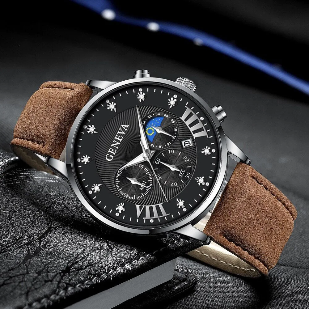 

Trendy Temperament Diamond Men's Belt Watch Fake Three-eye Sun, Moon and Stars Calendar Fashion Watch Men's Men's Quartz Watch