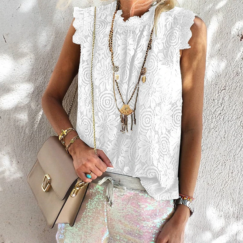 

Women Petal Sleeve Patchwork Solid Blouse Summer Casual Half High Collar Sleeveless Shirt Female Slim Fit Print Pullover Tops