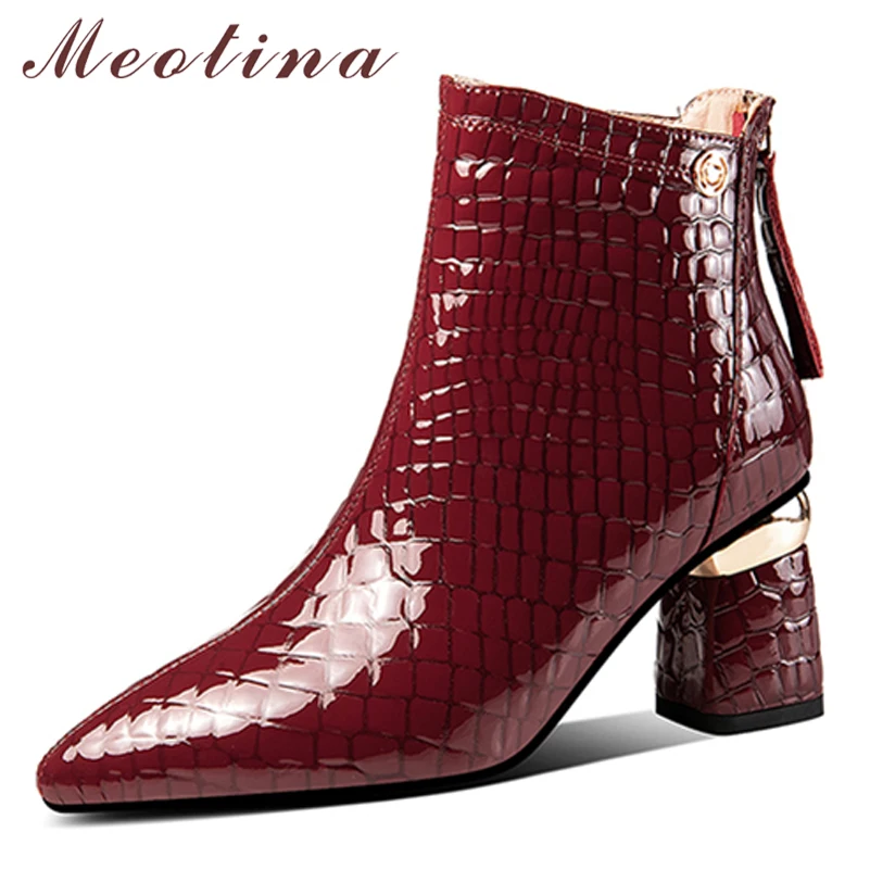 

Meotina Ankle Boots Women Patent Cow Leather Thick High Heel Boots Zipper Pointed Toe Sewing Ladies Boots Autumn Winter Wine Red