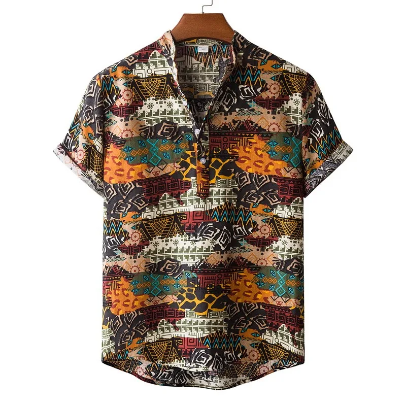 

New Mens Vintage Ethnic Style Printing Loose Short Sleeve Stand Collar Casual Shirt Daily Wearing High Quality Office Big Blouse