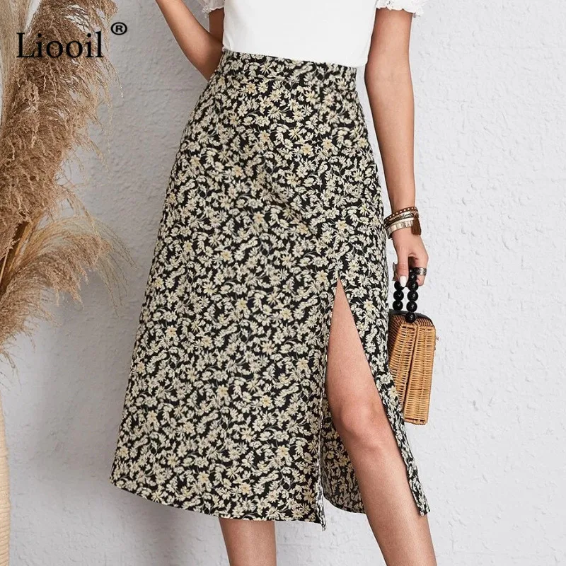 

Liooil Floral Print Midi Slit Skirt A Line High Waisted Vintage Beach Skirt For Women Summer Casual Ladies Loose Skirts 2021