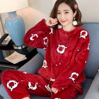 autumn winter warm flannel women pyjamas sets thick coral velvet long sleeve cartoon sleepwear flannel pajamas set girl