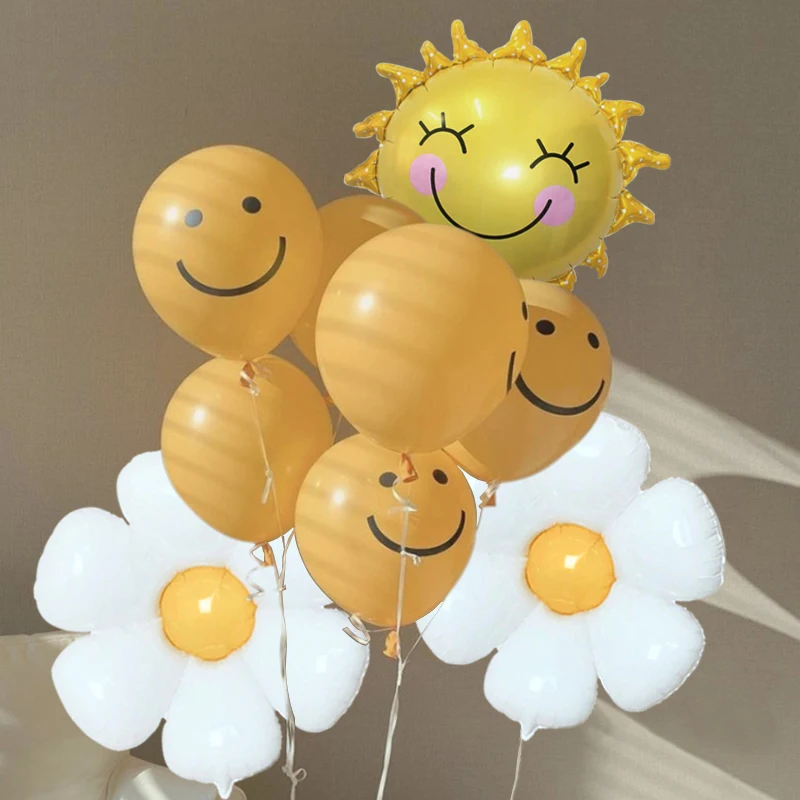 9Pcs Rainbow Sunflower Clouds Foil Balloons 12Inch Yellow Smiley Latex Ballon Set Baby Shower Wedding Birthday Party Decorations | Дом и сад