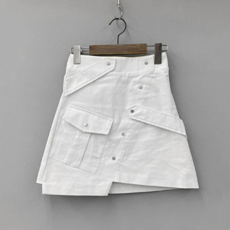 

GALCAUR White Skirt For Women High Waist Mini Button Pockets Minimalist Solid Skirts Female Fashion New Clothes 2021 Summer Tide