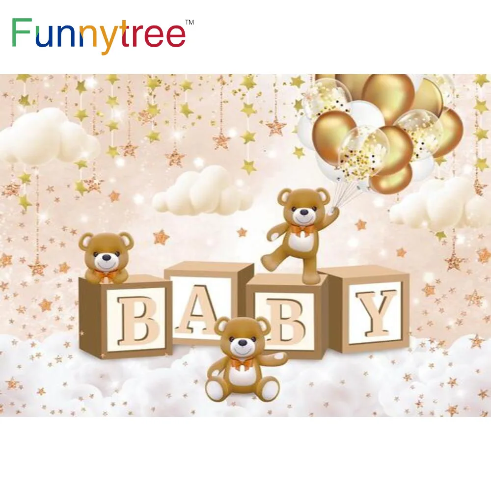 

Funnytree Baby Shower Bear Kids Birthday Party Background Gold Balloons Glitter Stars Cloud Banner Photo Studio Props Backdrop