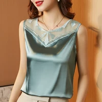 summer silk tank top women satin korean fashion sleeveless office lady mesh tank top loose green tops for women
