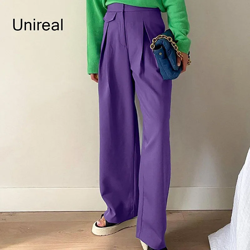 

Женские брюки с широкими штанинами Unireal, свободные элегантные фиолетовые французские Длинные повседневные брюки с высокой талией, весна-осень 2022