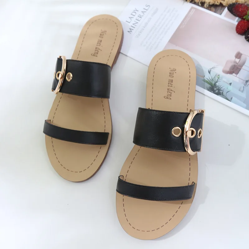 

Flat slippers 2019 new summer leather strap button flip for students