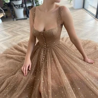 smileven glittering stars sequined prom dresses puff sleeves a line short evening dresses starry tulle ankle length party dress