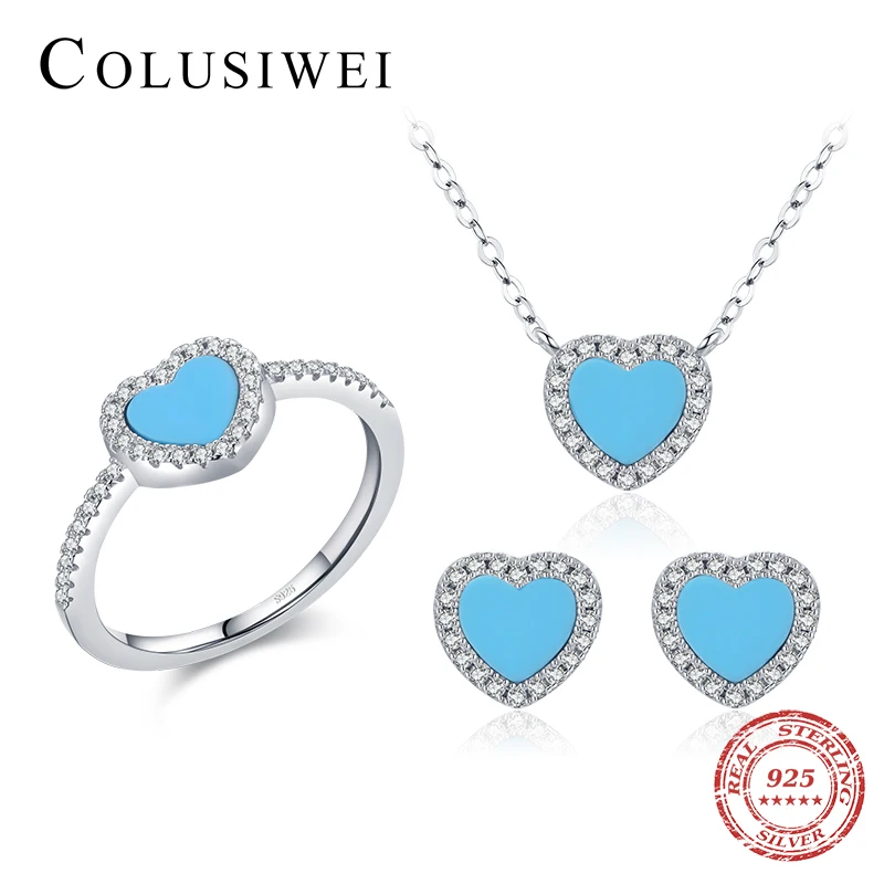 

COLUSIWEI Romantic 925 Sterling Silver Turquoise Heart Rings Stud Earrings Pendant Necklace For Women Wedding Jewelry Sets