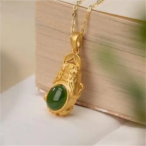 

Jasper Pi Xiu Pendant Silver Gilding Hetian Jade Gold Bite Money Necklace with Pendant Retro Style Hanfu Exquisite Pendant Women