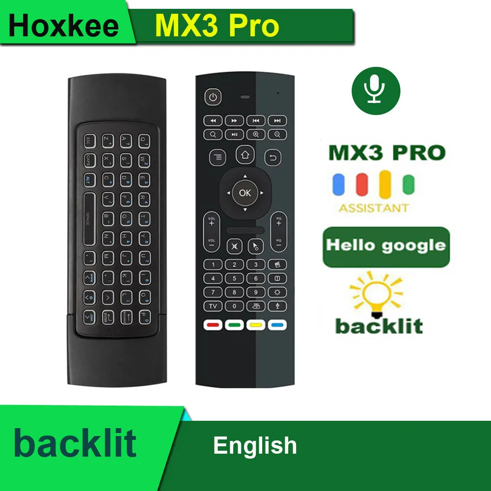 

Backlit English 2.4GHz USB Android TV Box PC Fly Air Mouse Google Voice Remote Control Gyro Mini Wireless Keyboard MX3 Pro