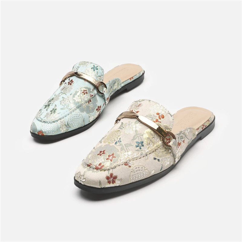 

Floral Pattern Casual Flat Shoes Women Baotou Half Slippers Woman Spring Summer Comfortable Soft Mules Shoes Beige Designer New