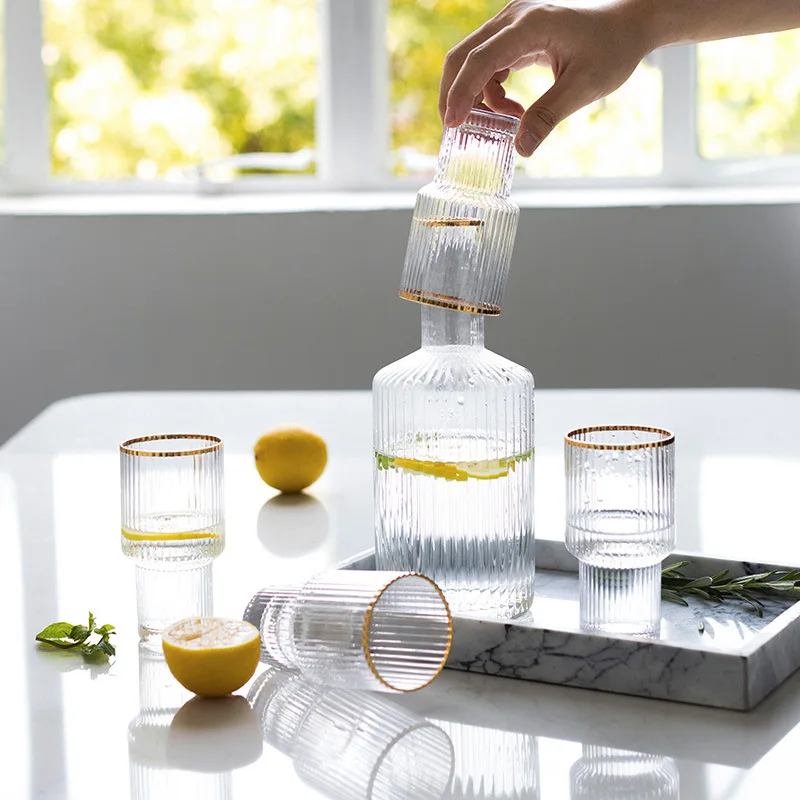 

ins Japanese Home Hotel Transparent Phnom Penh Vertical Pattern Crystal Glass Water Bottle Water Cup Set Cold Water Bottle