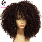 Афро кудрявые вьющиеся человеческие волосы парик с челкой 200% плотность Monglian Remy волосы для кожи головы парик на шелковой основе полный парик с бахромой