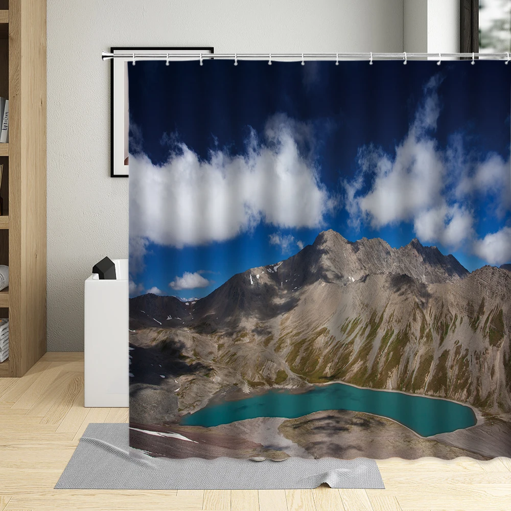 

Natural Scenery Shower Curtain Set Cloud Mountain Sea Lake Landscape Bathtub Decor Waterproof Fabric Hanging Curtains With Hooks