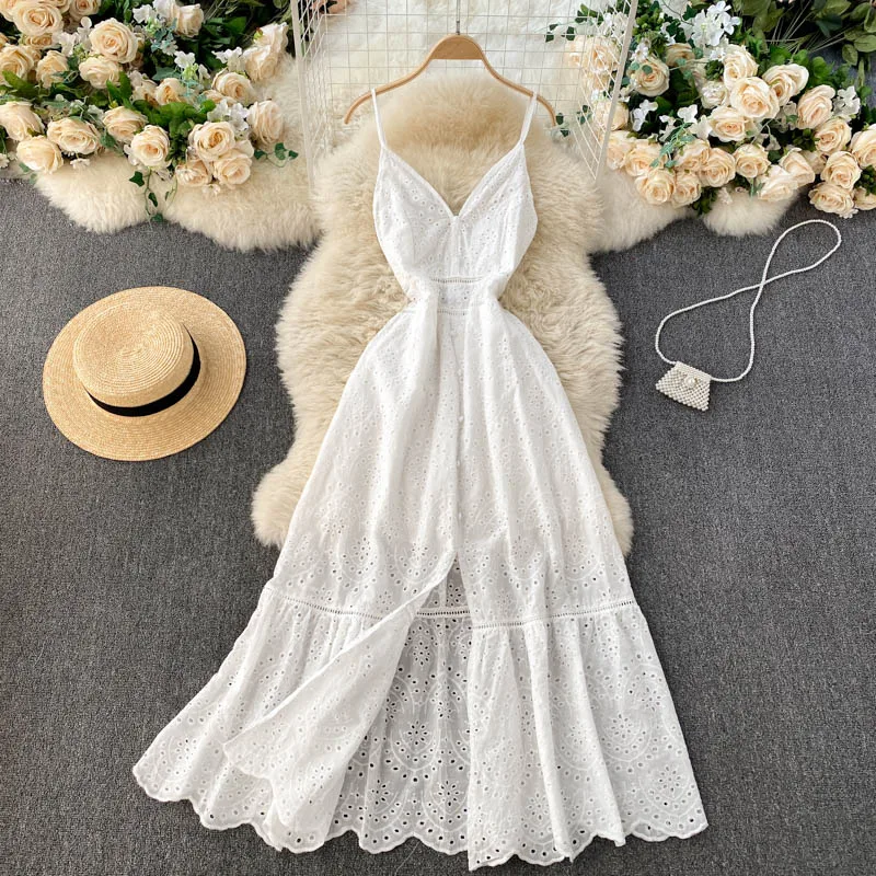 

Jastie Summer Beach Bohemian Style Women Dress Button Deep V-neck Split Ruffle Holiday Midi Dress Boho Female Vestidos 2021