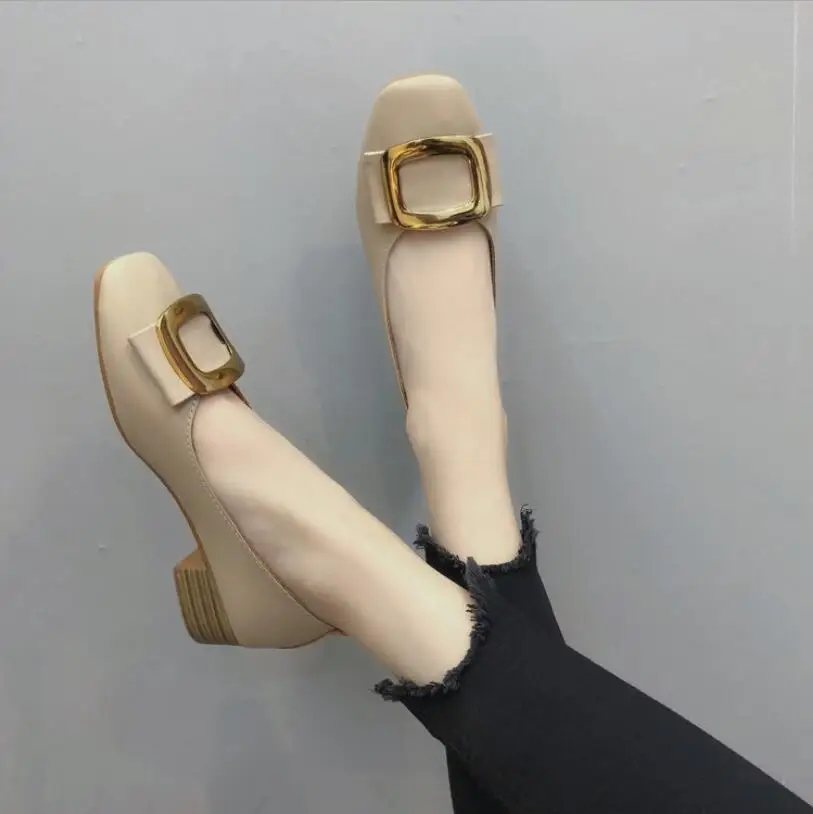

Single shoes women's 2021 spring new Korean square toe shallow mouth flat shoes ladies thick heels non-grinding peas shoes