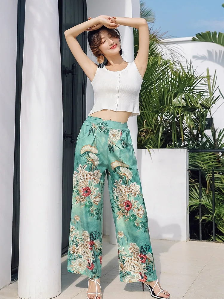 

2020 spring and summer new printed wide-leg pants women's beach pants plus size casual pants