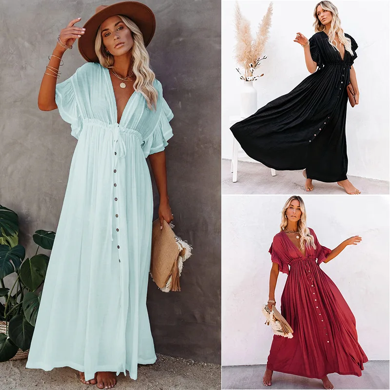 

2021New women's fashion solid short sleeve V-neck knitted dress Free shipping