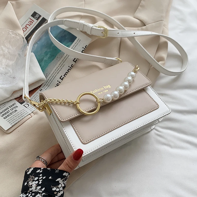 

Classical PU Leather Flap Crossbody Bag for Women 2021 Solid Color Chain Pearl Shoulder Handbags and Purses Female Travel