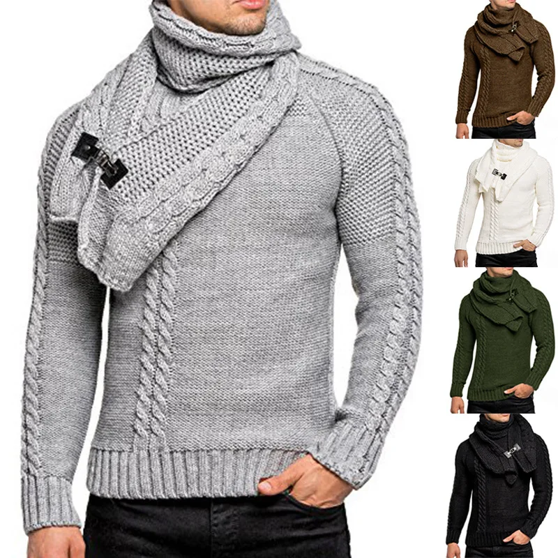 Fashion Men Knitted Sweater and Horn Buckle Scarf Detachable Long Sleeve Slim Solid Color Autumn Winter Male Pullover Plus Size