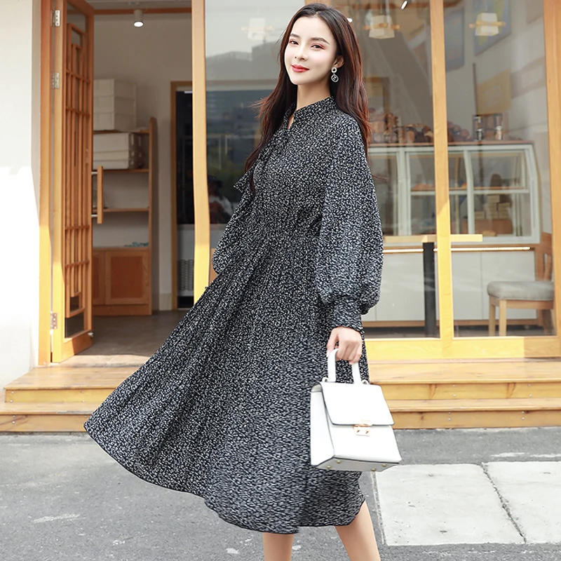 Платье BGTEEVER женское шифоновое с воротником стойкой винтажное ТРАПЕЦИЕВИДНОЕ