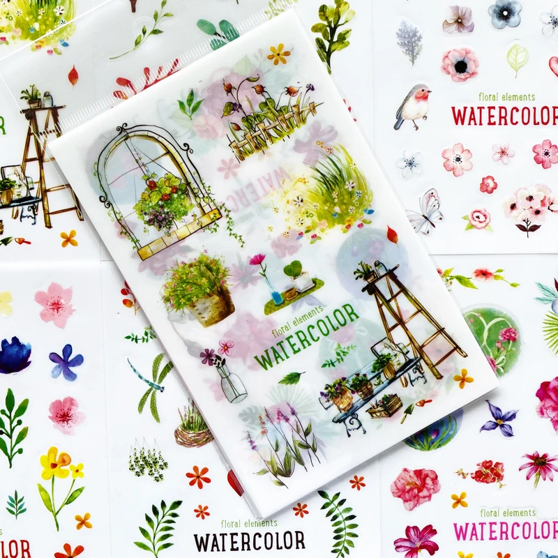 Клейкие стикеры из ПВХ с зелеными растениями 6 листов|Канцелярские наклейки| |