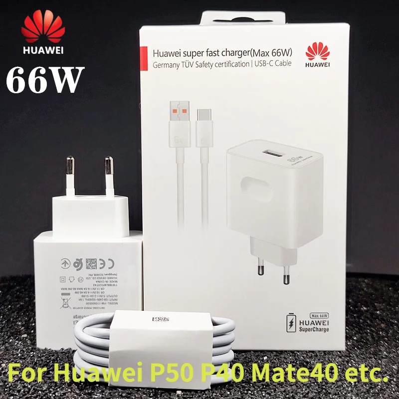 Зарядное устройство для Huawei P50 Pro P40 66 Вт вилка ЕС/США кабель 1 м/1 5 м 6 А типа C P30 Mate40