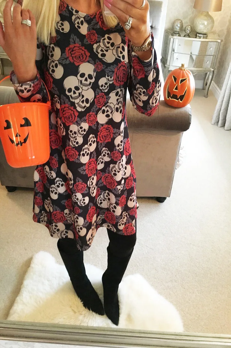 Halloween Christmas Wear Clothing Women Casual Dress Skull Print Long Sleeve Party O Neck Mini Dresses