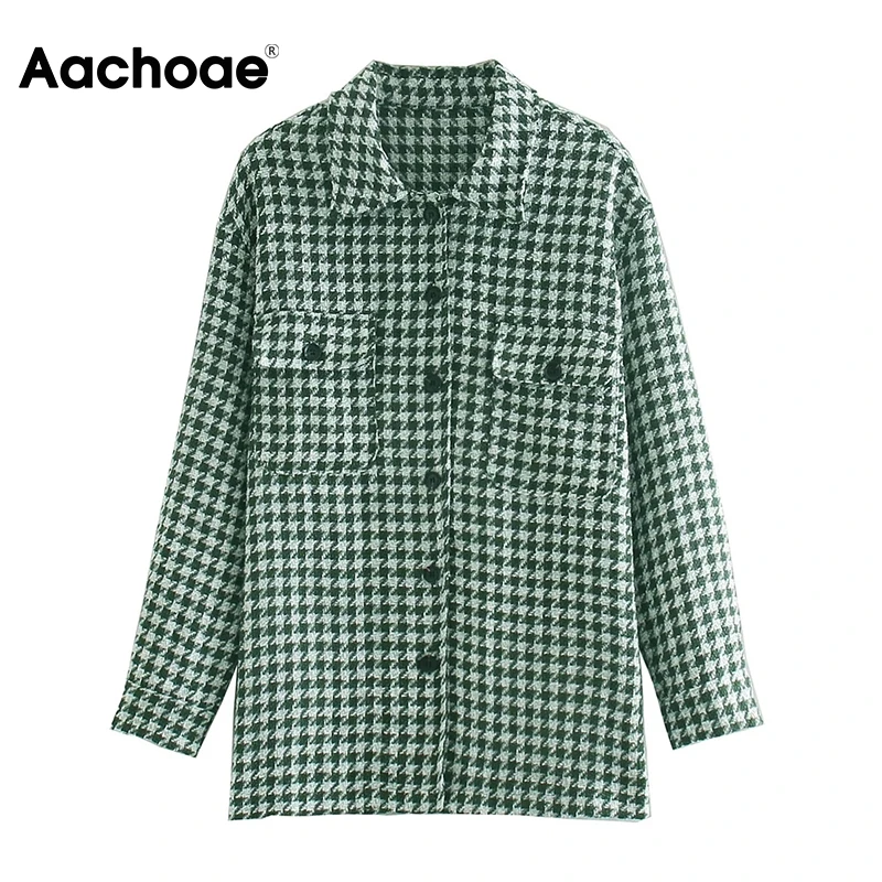 

Aachoae Casual Houndstooth Jacket Women Batwing Long Sleeve Loose Ladies Tops Pocket Plaid Coat Female Autumn Spring Ropa Mujer