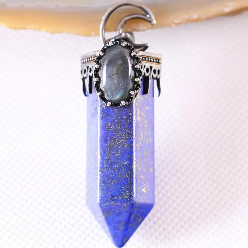 Charm Necklace Pendant Gem Natural Blue Lapis Labradorite Bead Hexagon Antique Crown Half Moon Jewery Gift 1Pcs K797