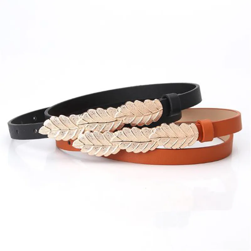 

106cm*1.4cm PU Belt Women Leaf Metal Buckle Stylish Ladies Girdle Vintage Leisure Thin Waistband Female