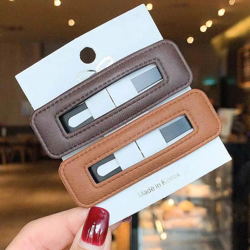 

2021 Korean New Vintage Hollow Out Geometric Rectangle PU Leather Hairpins Hair Clips For Women Girls Hairgrips Barrettes